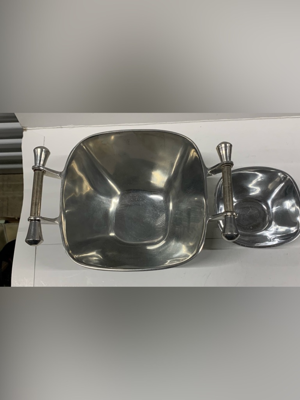 Vintage Style Square Metal Serving Bowl with Handles - Silver